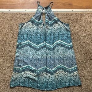 Women’s Md Blue Patterned Halter Mini Dress Keyhole Cutout in Back